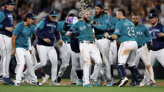 Mitch Haniger celebrates walk-off single.