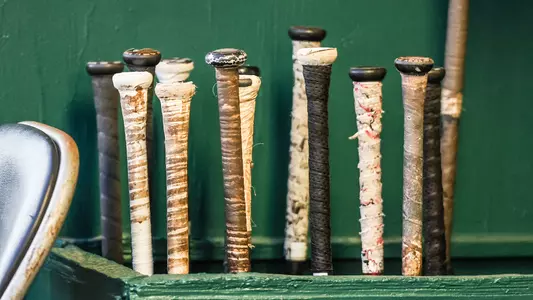 Cal Poly's bat rack in third-base dugout.