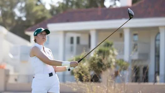 Jensen Jalufka drives off first tee in Big West Championships