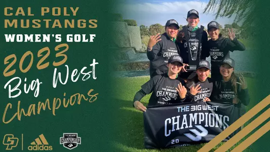 Graphic of Cal Poly's third straight Big West women's golf championship.