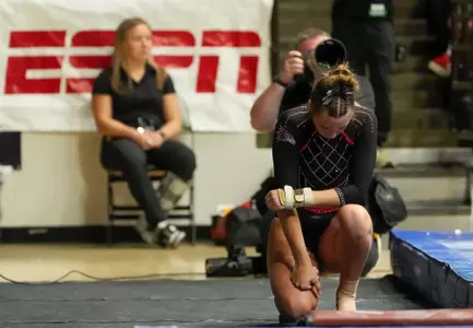 Apr 4, 2025; Tuscaloosa, AL, USA; Southeast Missouri gymnast Taylor Ingle prepares herself to compete on the balance beam at Coleman Coliseum during the NCAA gymnastics regional. Mandatory Credit: Gary Cosby Jr.-Tuscaloosa News