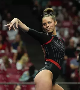 Apr 4, 2025; Tuscaloosa, AL, USA; Southeast Missiour gymanst Taylor Ingle competes on the floor at Coleman Coliseum during the NCAA Tuscaloosa Gymanstics Regional. Mandatory Credit: Gary Cosby Jr.-Tuscaloosa News