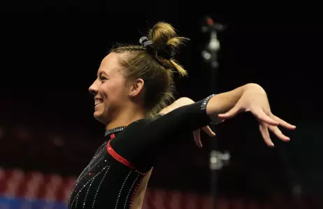 Apr 4, 2025; Tuscaloosa, AL, USA; Southeast Missiour gymanst Taylor Ingle competes on the floor at Coleman Coliseum during the NCAA Tuscaloosa Gymanstics Regional. Mandatory Credit: Gary Cosby Jr.-Tuscaloosa News