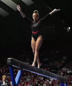 Apr 4, 2025; Tuscaloosa, AL, USA; Southeast Missour gymnast Taylor Ingle competes on the beam at Coleman Coliseum during the NCAA Tuscaloosa Gymanstics Regional. Mandatory Credit: Gary Cosby Jr.-Tuscaloosa News