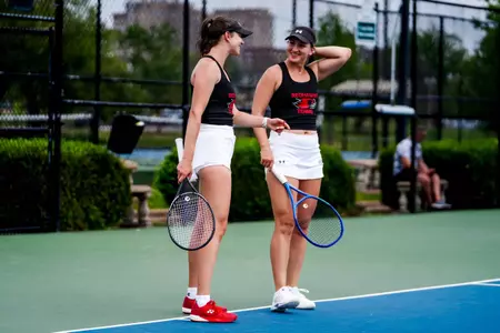 Maja Bajorek and Mia Mayerova talking in between a point in the doubles match