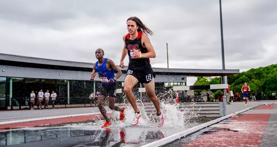 Myles Thornburg leaving the pool during his steeplechase race