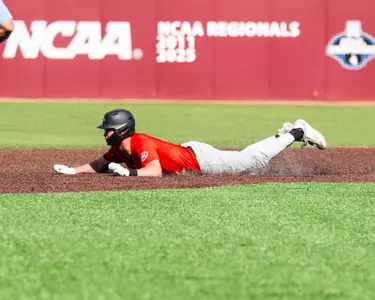 Baseball Wins Game Two Against Little Rock, Cal Sullivan slides into 2nd base