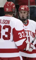 Senior Jason Lawrence and sophomore Colin Wilson celebrate after Lawrence's goal against North Dakota.