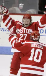 Bryan Ewing and Chris Higgins celebrate the game-winning goal. (Photo by Dominick Reuter)