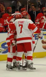 The Terriers celebrate one of their six goals from the 2007 Red Hot Hockey game.