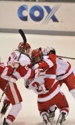 The Terriers celebrate their first-ever Hockey East championship.