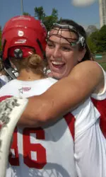 Corcoran Downey and Rachel Klein celebrate after Saturday's win in the America East title game.