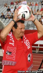 BU Hall of Famer and 1980 Olympic hockey gold medalist Mike Eruzione delivered the game ball as part of the Terrier Tailgate festivities.