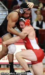 Junior Nick Tourville (157) claimed one of BU's three pins against Bridgewater State.