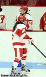 Freshman Rebecca Russo celebrates her shorthanded goal in the second period.