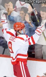 Eichel celebrates after scoring the overtime winner against Maine on Friday.