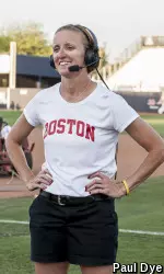 Being interviewed on ESPN in the photo this past May at the NCAA regional, Kathryn Gleason will be entering her third season with the Terriers.