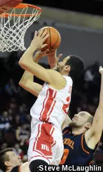 Junior Nathan Dieudonne earned his seventh career double-double and first at home with 10 points and 10 boards.