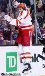 Freshman Charlie McAvoy celebrates his first-period goal, which proved to be the game-winner.