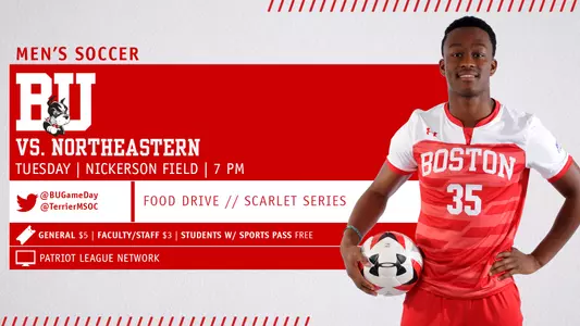 Boston University men's soccer will host Northeastern on Tuesday, Oct. 16, at 7 p.m. Promotions include Food Drive and Scarlet Series. Colin Chiakpo is the Terrier spotlighted.