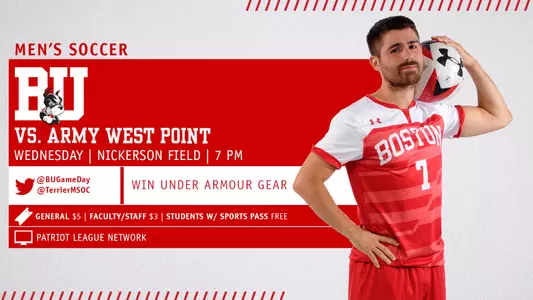Boston University men's soccer will host Army West Point on Wednesday, Oct. 24 at 7 p.m. Fans will have the chance to win Under Armour Gear. T.J. Butzke is the featured player posing.