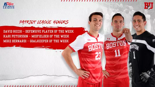 David Riccio was named Patriot League Defensive Player of the Week. Kari Petursson was named Midfielder of the Week, while Mike Bernardi was named Goalkeeper of the Week.