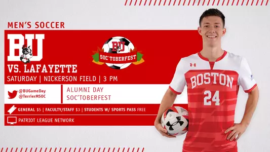 The men's soccer team will host Lafayette on Saturday (Oct. 6) at 3 p.m. The marketing promotions are Alumni Day and Soc'toberFest. Satchel Cortet is the player posing on the side.