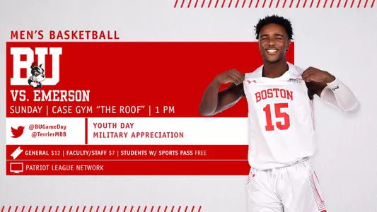 Boston University men's basketball will host Emerson on Sunday (Nov. 11) at 1 p.m. Youth Day and Military Appreciation are the two promotions.