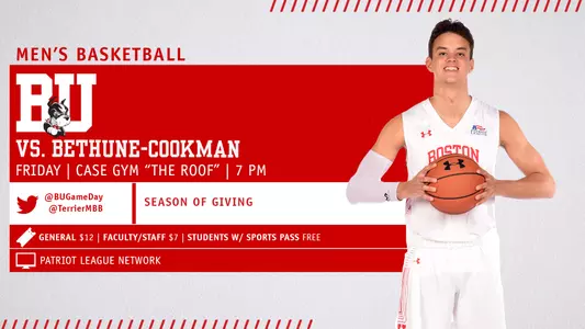 Boston University men's basketball will host Bethune-Cookman on Friday night with tip-off set for 7 p.m. on the Patriot League Network. Jordan Guest is the featured player in the graphic.