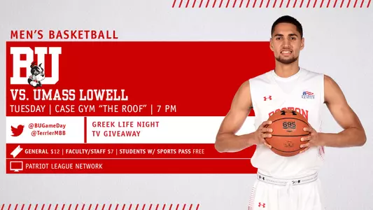 Boston University men's basketball will host UMass Lowell on Tuesday, Dec. 4, at 7 p.m. The promotions are Greek Life Night and a TV Giveaway.