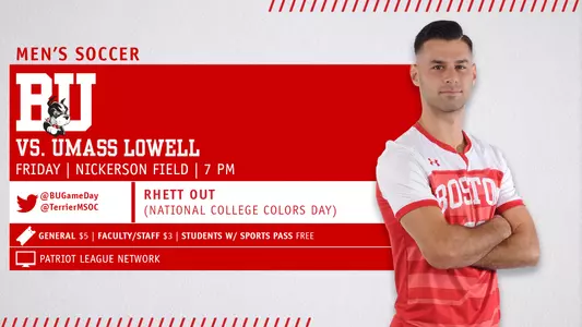 Men's Soccer will host UMass Lowell on Friday, Aug. 31 at 7 p.m. Josh Barkoff is the featured player on the side of the graphic.