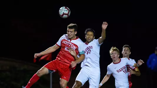 David Riccio wins the battle for a ball on a long pass with a jumping header.