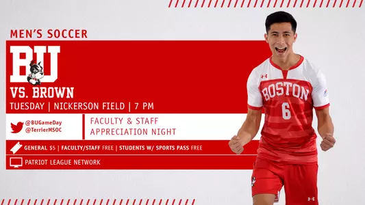 Boston University will host Brown on Tuesday, Sept. 25, at 7 p.m. Faculty and Staff get in free due to the game being Faculty & Staff Appreciation Night. Troy Phoa is the spotlight player in the graphic.