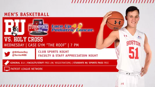 Boston University men's basketball will host Holy Cross on Wednesday, Jan. 30 with a 7 p.m. start. Max Mahoney is the player posing in the graphic holding a ball on his shoulders.