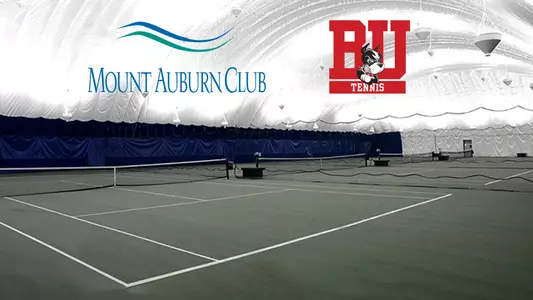 Wide angle photo of the indoor tennis courts at the Mount Auburn Club. The MAC logo and BU Tennis logo are displayed at the top of the image.