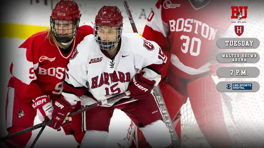Abby Cook defends against a Harvard skater; BU and Harvard will face off at Walter Brown Arena on Tuesday at 7 p.m. in a game that can be seen on CBS Sports Digital.