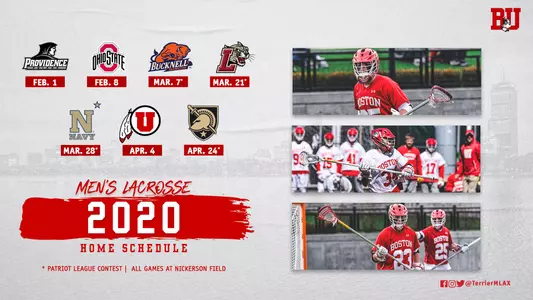 Men's Lacrosse Schedule Graphic - Nick Ellerton, Chase Levesque and Reece Eddy will host Providence, Ohio State, Bucknell, Lafayette, Navy, Utah and Army West Point at Nickerson Field for the 2020 season