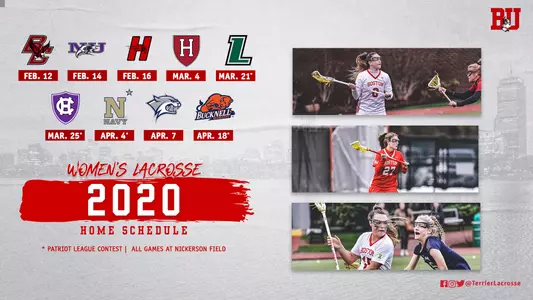 Women's Lacrosse 2020 schedule graphic featuring home games