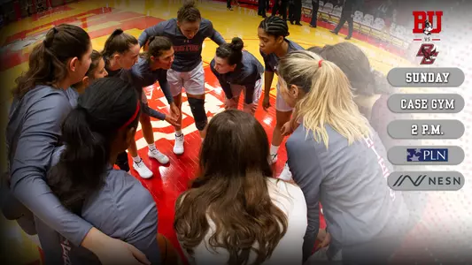 Women's basketball preview graphic featuring the team huddling