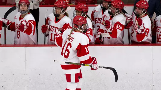 Sammy Davis of the women's ice hockey team celebrates a goal