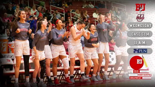 Women's basketball preview graphic featuring the bench cheering after a made basket. The Terriers are hosting UMass on Wednesday at 11 a.m. at Case Gym on the Patriot League Network.