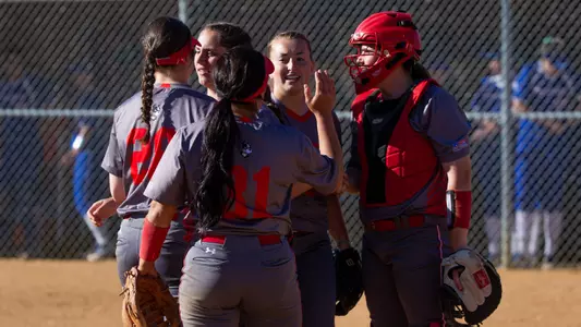 Softball team huddles after earning a third out.