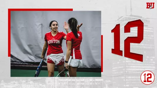 Women's Tennis placed 12th in the 2019 edition of the Terrier Twelve; Graphic highlights Shelly Yaloz and Emily Kim for winning Patriot League Doubles Team of the Year award.