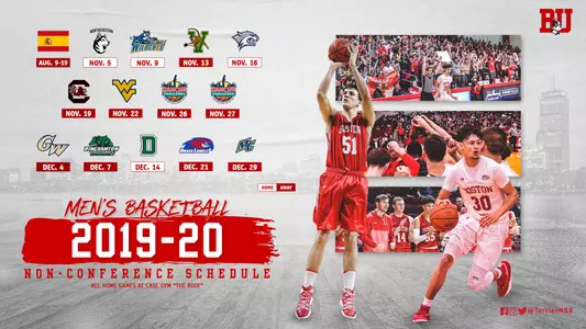 The Boston University men's basketball team will play four games in Spain on Aug. 9-19 and then face 13 regular season opponents in the non-conference schedule with home games against Northeastern (Nov. 5), SUNY Poly (Nov. 9), New Hampshire (Nov. 16) and Dartmouth (Dec. 14).