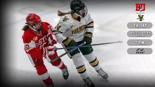 Katie Shannahan of the women's ice hockey team skates next to a Vermont player, with the Terriers and Catamounts set to face off on Friday night at 7 p.m. at Walter Brown Arena in a game that will be televised on NESNplus
