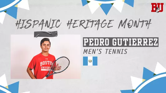 Hispanic Heritage Month graphic spotlights Pedro Gutierrez, who is holding his racquet in a posed photo