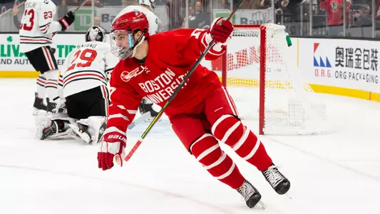 Jake Wise celebrates his first-period goal against Northeastern in the 68th Beanpot Final