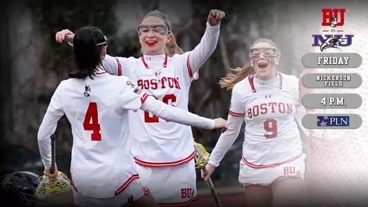 WLAX preview graphic featuring Makenzie Irvine celebrating a goal with teammates