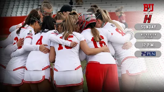Women's lacrosse preview graphic featuring a team huddle