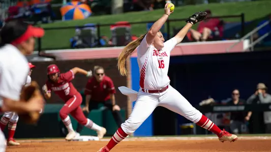 Side angle view of Ali DuBois pitching against Stanford at the 2019 NCAA Regionals.